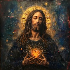Sacred Heart of Jesus painting with a radiant heart and halo, Jesus has long hair and a beard, set against a starry background.