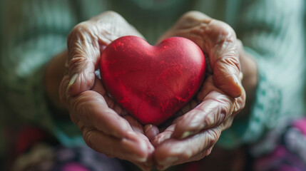 Fototapeta premium Old elderly woman holding red heart in hands representing love, help, donation , health or charity concept