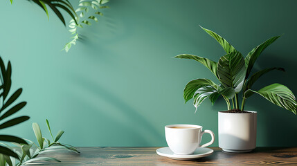 A serene coffee break with a hot beverage and lush greenery against a soft green background.
