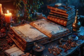 Old book of spells open on a wooden table surrounded by ancient scrolls and mystical artifacts