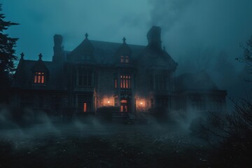 Large mansion with dark windows, creepy silhouettes, and fog rolling in the front yard