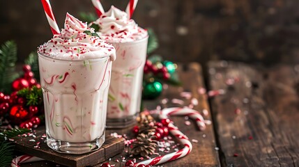 Christmas sweet cold drink homemade peppermint candy cane milkshake in two glasses old wooden background
