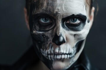 Naklejka premium Close-up of a man wearing skull makeup for Halloween