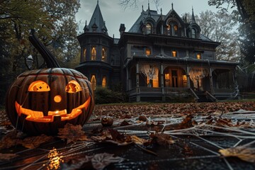 Old Victorian house with cobwebs and jack-o'-lanterns on the porch