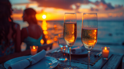 Obraz premium Couple in love drinking champagne wine on romantic dinner at sunset on the beach.generative ai