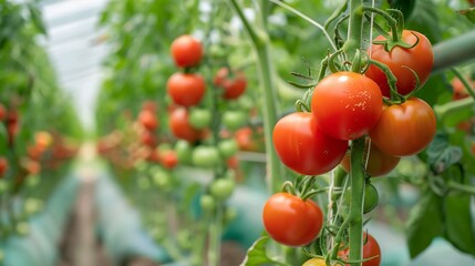 Fototapeta premium In the modern agriculture greenhouse soilless cultivation of tomato green rows in greenhouse planted for health
