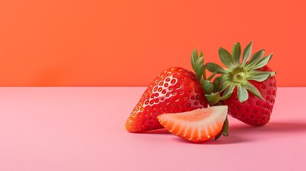 isolated strawberry slice and whole berry isolate in a pink and orange background