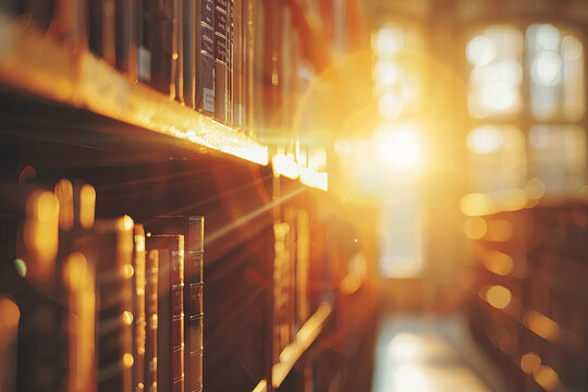 Blurred background of a dimly lit library interior with rays of sunshine penetrating the space, creating an atmosphere of knowledge, learning, and the transformative power of education
