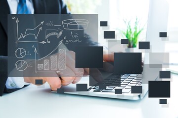 Businessman works Showing analytics dashboard with metrics