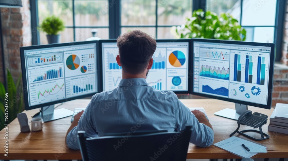Poster worker looking at customer behavior chart while analyzing at computer and planning marketing strateg