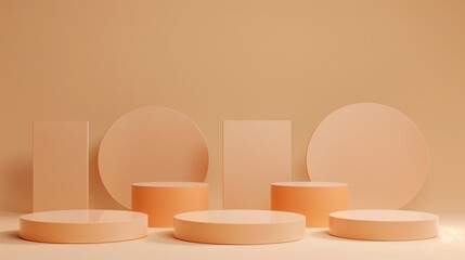 Five Minimalist Light Orange Toned Round Podiums for Product Presentation on Empty Background. Ideal for E-commerce and Advertising Displays, Showcasing Minimalist Style and Elegance