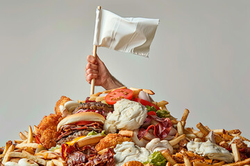 Conceptual image of a hand holding a white flag, surrendering amidst a mound of greasy fast food, symbolizing the struggle to overcome junk food