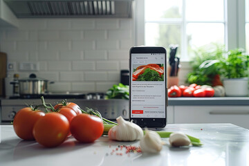 Smartphone displaying an online cooking recipe, surrounded by fresh vegetables on a kitchen counter, promoting the idea of using digital resources to inspire and facilitate healthy, home-cooked meals