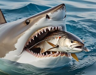 Naklejka premium great white shark with fish trying to jump out of its mouth