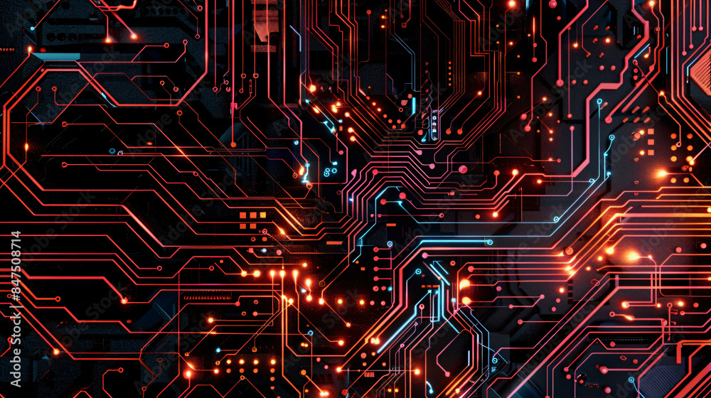Poster abstract digital art with glowing lines and circuits in red and orange colours with copy space text.