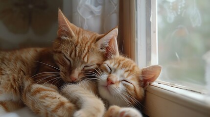 Mother and son cat snuggling and sleeping together by window