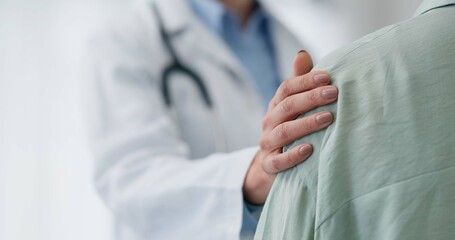 Hospital, consulting and hands of doctor and patient for comfort, empathy and support for diagnosis...