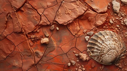 Stamp of a fossil shell in a cracked red stone scattered with gravel