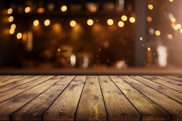 Empty wooden table in restaurant abstract bokeh background.