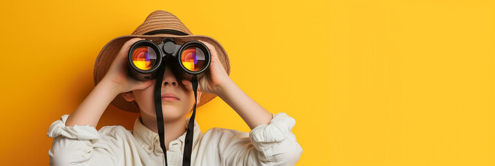 Young Boy With Binoculars and Hat on Yellow Background