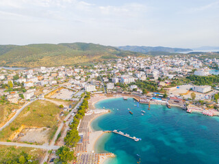 Obraz premium Aerial view of the Ksamil coastline on the Ionian Sea in southern Albania