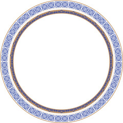 Vector Kazakh national round blue gold ornament template pattern, frame. Ethnic ornament peoples of Asia, Kazakh, Kirghiz, Kalmyk, Mongol, Buryat, Turkmen. Border, frame for sandblasting and ceramics