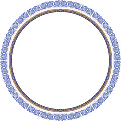 Turkish Asian ornaments and patterns shaped like a circle. Blue and gold.  Patterned corners for design of ceramics, leaflets, banner, backgrounds, borders, postcards.