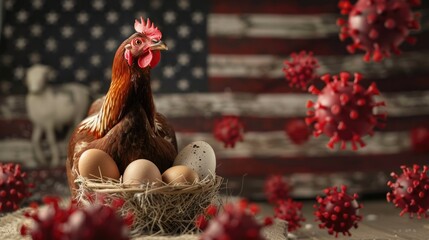 Bird flu spreads to dairy cows , red virus in background , The United States , chicken , illustration,Generative AI