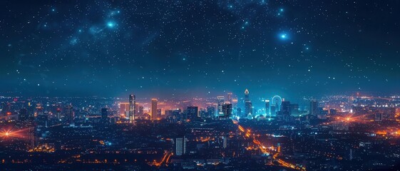 Obraz premium Night cityscape, glowing buildings, vibrant atmosphere