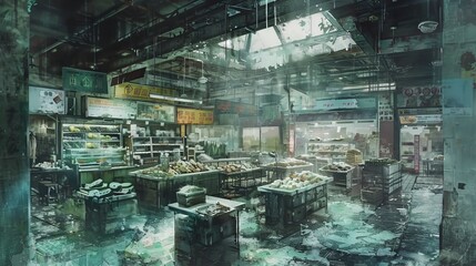 A dilapidated and abandoned supermarket interior with decaying shelves, overgrown plants, and broken skylights, evoking a post-apocalyptic atmosphere.