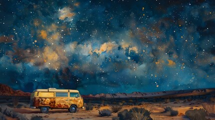 Vintage Camper Van Traversing Starlit Desert Landscape in Watercolor Painting