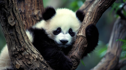 baby panda resting on a tree, holding onto the branches with its paws. The panda looks calm and comfortable, The background is blurred with greenery, creating a natural and serene setting