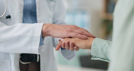 Empathy, hands and doctor with woman at hospital for bad news, comfort or help in cancer, treatment...