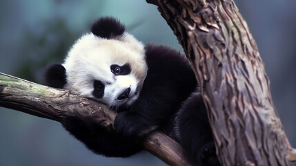 Obraz premium cute baby panda is hugging a tree branch, resting its head on the bark while looking sideways. softly blurred green and blue background emphasizing the panda's relaxed and content expression.