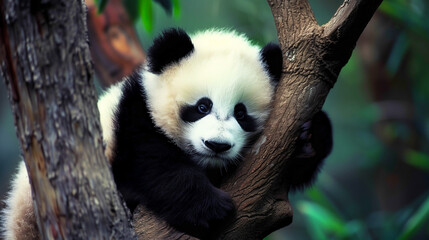 baby panda hugging a tree trunk, looking directly at the camera with a sweet and innocent expression. The panda's fluffy fur stands out, a soft blur of greenery, creating a peaceful and serene setting