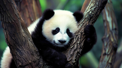 Obraz premium baby panda hugging a tree trunk, looking at the camera with a sweet and innocent expression. The panda's fluffy fur stands out, a soft blur of greenery, creating a peaceful and serene setting