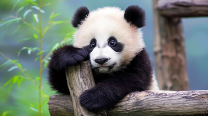 cute baby panda leaning on a wooden structure, filled with green foliage, emphasizing the panda's adorable and contemplative look