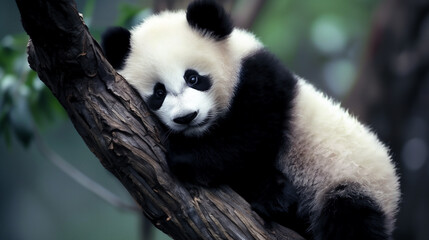 Obraz premium cute baby panda lying on a wooden structure, looking at a camera. its fur is fluffy and soft, and the background includes green foliage, adding to the natural and tranquil atmosphere