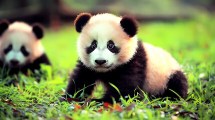 Fototapeta premium cute baby panda sitting on the grass, gazing directly at the camera with wide, curious eyes. Another baby panda is visible in the background, slightly out of focus, adding depth to the scene