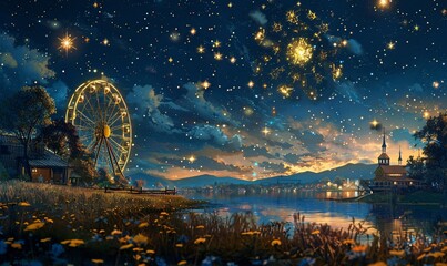 a magical composition showcasing a Ferris wheel against the backdrop of a stunning starry night sky