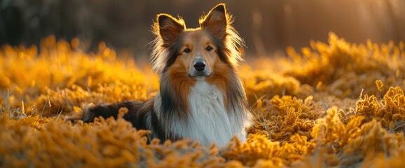 Obraz premium A Dog In The Yellow Grass At Sunrise, An Obedient And Beautiful Sheltie Posing In The Park, HD