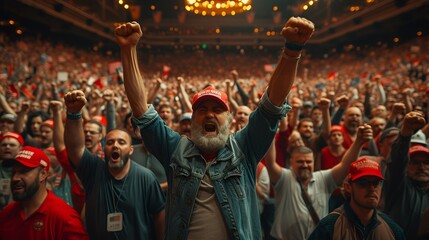 Fototapeta premium Political rally - large crowd - American flag - polarization - black and white photo - screaming - unhinged 