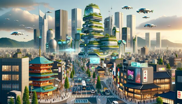 東京タワーと高層ビルと緑が融合する未来2050年の日本の東京の風景｜Generative AI