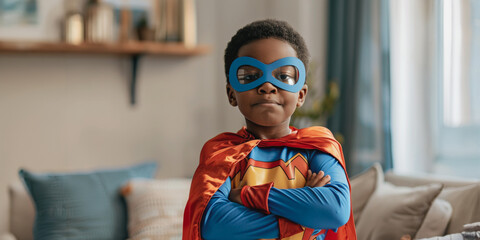 Child dressed as superhero with blue mask