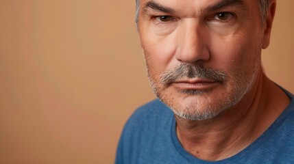 Obraz premium Closeup portrait of confident middle aged man dressed blue Tshirt looking at camera isolated beige studio background Concept of natural beauty skincare facial expression antiaging trea : Generative AI