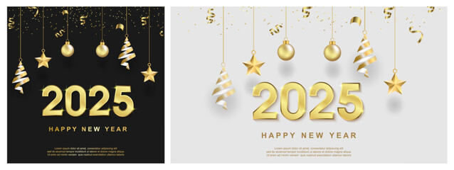 Happy new year 2025. with red ribbon on set square background
