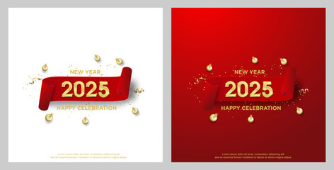 Happy new year 2025. with red ribbon on set background