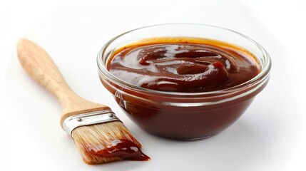 Top view of tangy and sweet barbecue sauce in a glass bowl, with a brush for grilling meats beside it, isolated on a white background, studio lighting