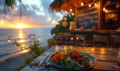 Fototapeta premium an idyllic dining scene with a deep blue plate of salad at a beachside bar, with the ocean and a beautiful sunset in the distance
