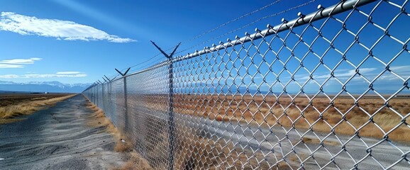 Fototapeta premium A Chain-Linked Fence Topped With Razor Wire Secures The Perimeter Of An Airport, HD